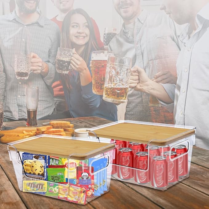 2 Pack Snack Station Organizer for Pantry Shelf,Snack Bar Station Storage Basket with Handle & Wooden Lid,Stackable Plastic Baskets for Storage Pantry Bins Organizer,Kitchen Organization Box