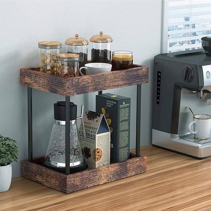MAHUEEOL 2 Tier Bathroom Organizer Countertop, Wooden Bathroom Trays for Counter Vanity Organizer Cosmetic Storage Vanity Organizer, Coffee Station Organizers, Kitchen Spice Rack