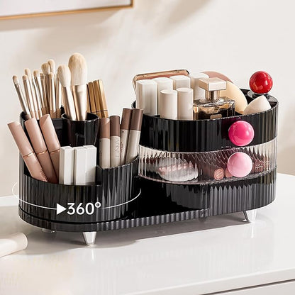 UFORU Makeup Organizer Countertop for Vanity with 360° Rotating Brush Holder, 3 Layer Cosmetic and Jewelry Storage, Makeup Display Case for Skincare&Perfume, Black