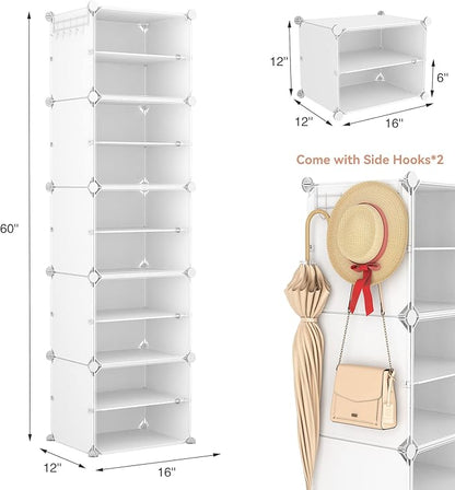 LANTEFUL 10 Tier Shoe Storage Cabinet with Door, Portable Narrow Organizer Rack for 20 Pairs, White Plastic with Hooks for Entryway or Bedroom