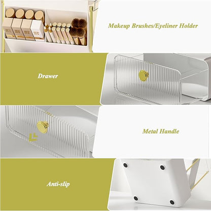 FOLLOWIN Bathroom Counter Organizer with Drawer, Dresser Top Organizer with Make Up Brush Holder, Makeup Shelf, Vanity Organizers, Cosmetic Perfume Organizer, Clear