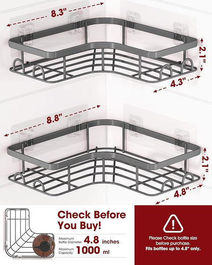 Sakugi Corner Shower Caddy - 2 Pack, Adhesive Shower Organizers, Rustproof Stainless Steel Shower Shelves with 8 Hooks, No Drilling Bathroom Organizers and Storage Racks, Space-Saving, Grey, Large