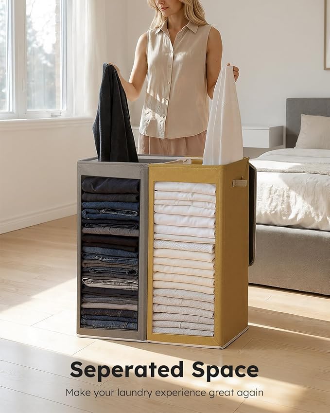 SOLEDI Large Double Laundry Hamper with Lid, Collapsible Clothes Hamper 2 section with Removable Bags, Space-Saving Laundry Basket for Bedroom, Dorm, College
