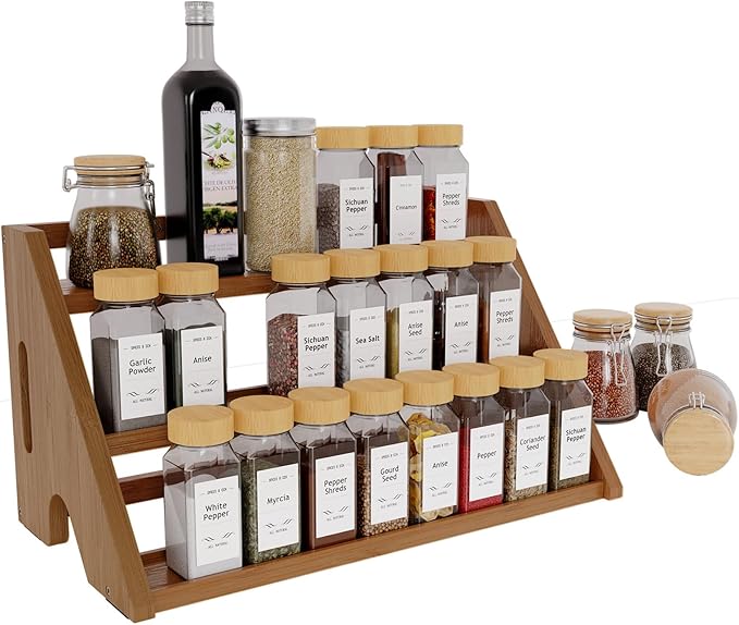 Bamboo Spice Rack Organizer -3-Tier Spice Rack for Countertop,Cabinet Spice Rack Organizer for 24 Spice Jars(4oz)，Step Shelf (Walnut)