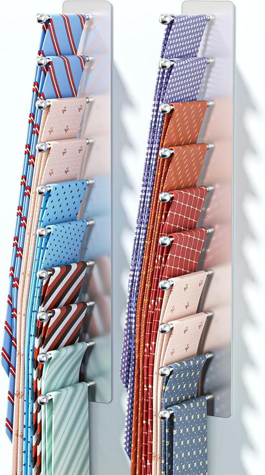 Tie Rack Wall Mounted, Tie Holder Organizer, Closet Ties Organizer Stainless Steels, Adhesive Ties Racks for Men With 20 Hooks, Hanger Storage for Wall Bedroom Living Room Dresser Room (Sliver)