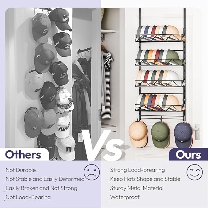 SWTYMIKI Over Door Hat Organizer - 5 Tier Wall Mounted Hat Rack with 4 Adjustable Metal Basket and 3 Hooks, Hanging Baseball Cap Organizer Storage Holds up to 49 Caps for Door, Bedroom, Closet