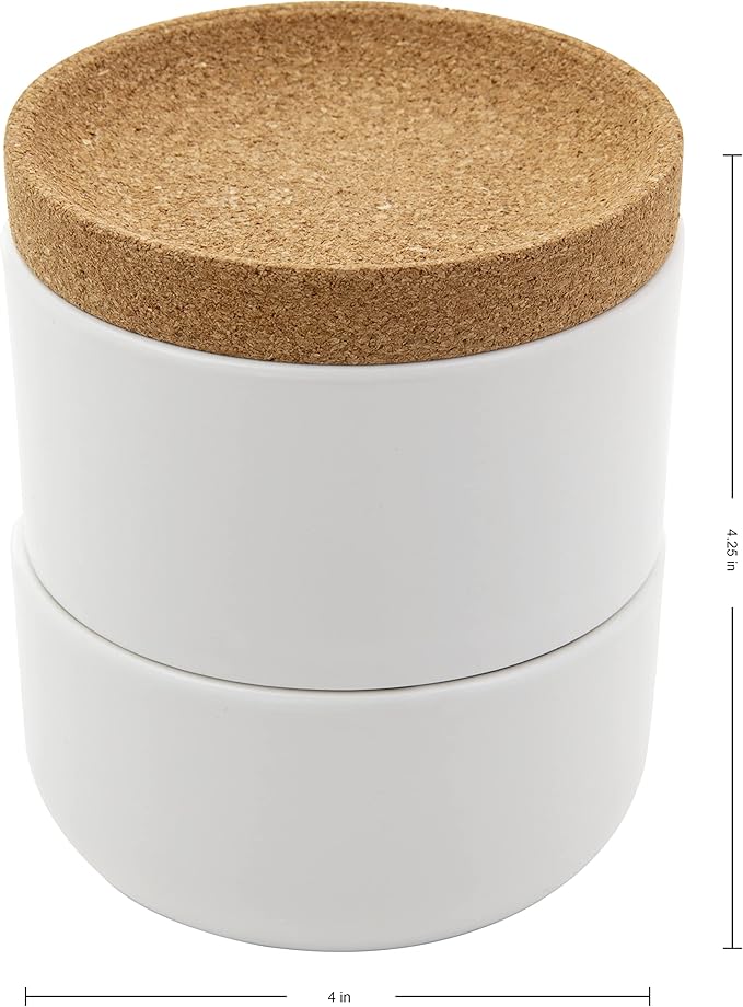 Kamenstein Cork and Ceramic 3 Piece Stackable Salt and Pepper Cellar For Countertop Space Saving; Pivoting Lid to Retain Freshness for Easy Open, 4 x 4 x 4.25 Inch, Natural Cork and White Ceramic