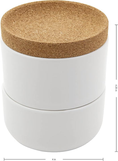 Kamenstein Cork and Ceramic 3 Piece Stackable Salt and Pepper Cellar For Countertop Space Saving; Pivoting Lid to Retain Freshness for Easy Open, 4 x 4 x 4.25 Inch, Natural Cork and White Ceramic
