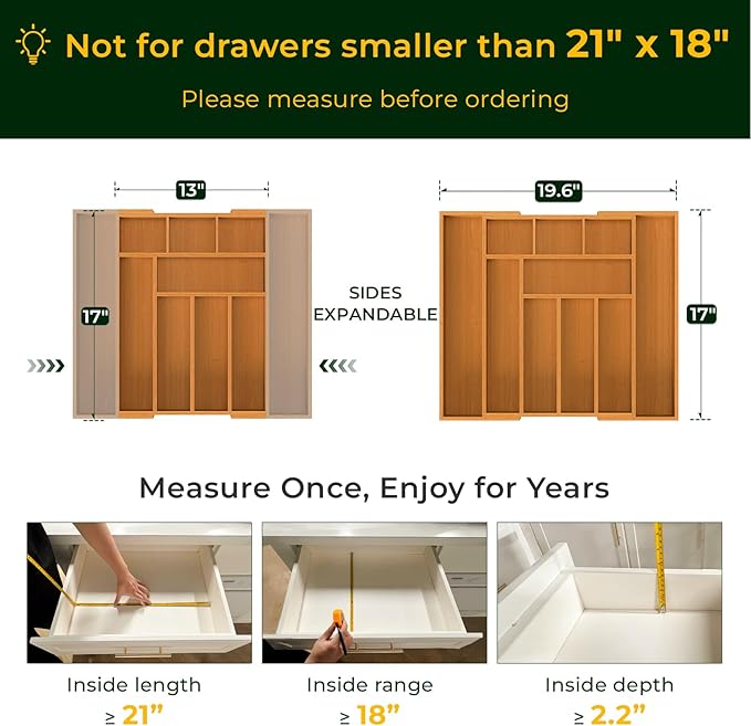 keechee Carbonized Bamboo Kitchen Drawer Organizer, 10 Slots Expandable Silverware Organizer, Utensil Holder & Cutlery Tray, 2.2" Deep for Extra Capacity, Non-Slip Feet Included