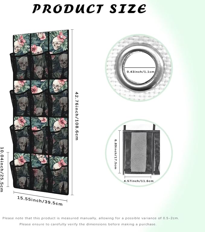 Skull Tropical Flowers Hanging Storage Bags,Shoe Organizer Door Hanger with 12 Mesh Large Pockets,Space Saver Hanging Shoe Storage Hanging Bag