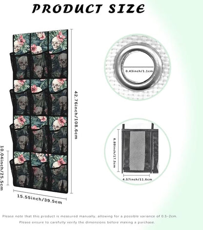 Skull Tropical Flowers Hanging Storage Bags,Shoe Organizer Door Hanger with 12 Mesh Large Pockets,Space Saver Hanging Shoe Storage Hanging Bag