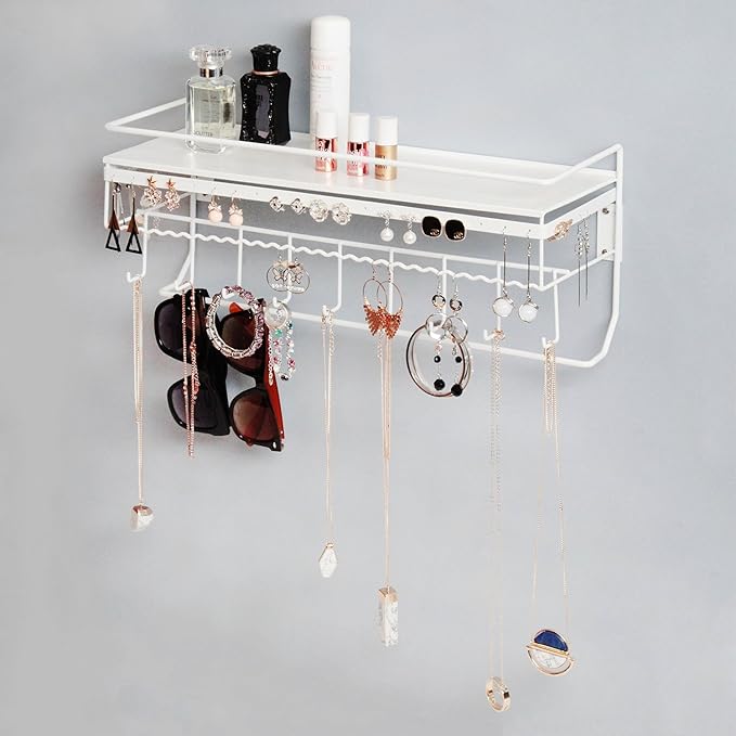 JackCubeDesign White Metal Necklace Jewelry Organizer Wall Mount Jewelry Holder Shelf Mounted Hanging Storage Hooks for Necklace, Earrings, Sunglasses, and Aesthetic Room Decor – MK238B