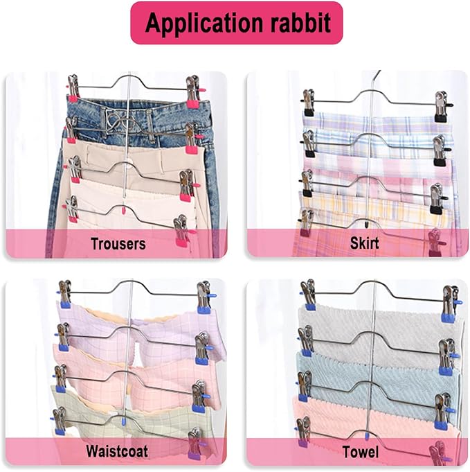 4 Tier Skirt Hangers Space Saving,Metal,Non Slip Closet Organizer and Storage Multi Clothes Shorts Hanger Organization Dorm Room Essentials (Pink+Purple 2Pack)