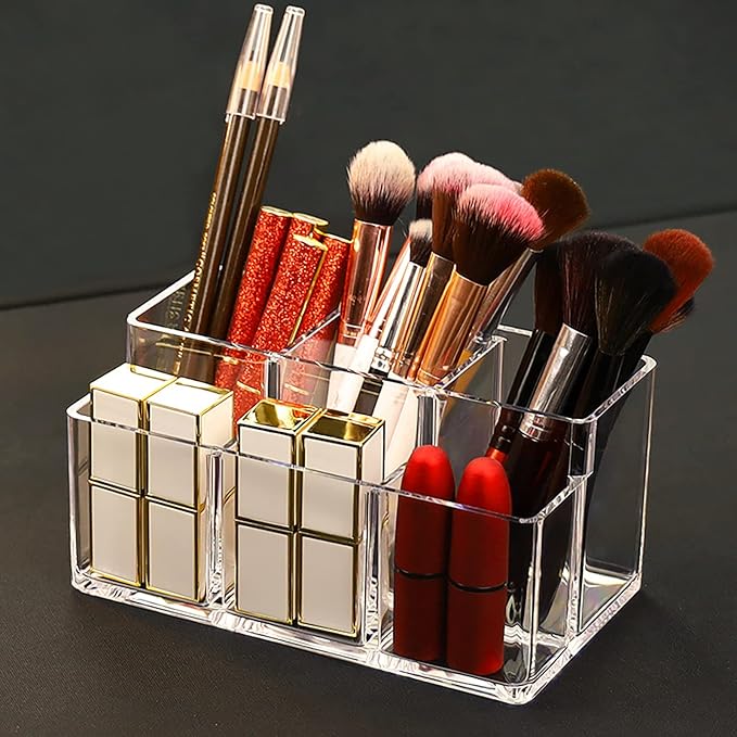 Foraineam 2 Pack Acrylic Makeup Brushes Holder with 6 Slots, Clear Pen Pencil Organizer Desktop Stationery Storage Container, Vanity Cosmetic Eyeliners Eyebrow Pencil Display Case