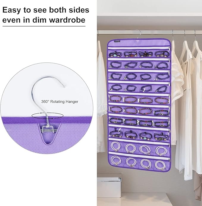 80 Zippered Pockets Hanging Jewelry Organizer for Holding Jewelries Dual-Sided Accessory Display Holder for Earrings Bracelets Rings (80 Zippered Pockets-Purple)