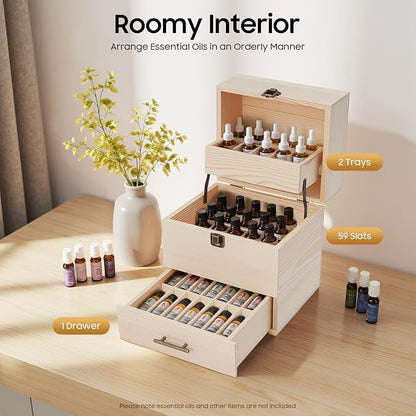 3 Tiers Essential Oil Storage Box, Wooden Perfume Bottle Display Organizer Case w/59 Slots, for 15 ml Bottles Nail Polish Collection Holder