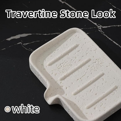 Soap Dish Self Draining Bar Soap Holder Travertine Stone Look Sponge Holders Tray for Shower Bathroom Kitchen Bathtub,Perfect for Dispenser,Scrubber,Bottle,Cup on Sink or Counter (White)