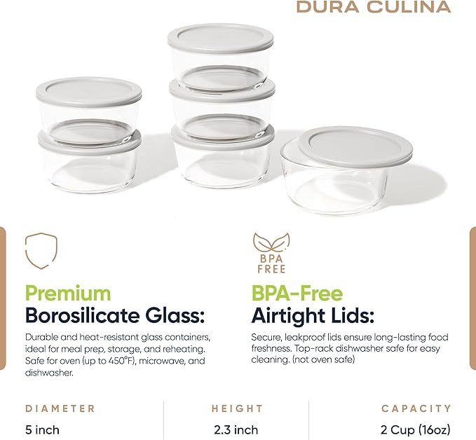 12-Piece Glass Food Storage Containers Set (6 Containers + 6 BPA-Free Lids) | 2-Cup, Leakproof | Microwave, Freezer, Oven & Dishwasher Safe | Ideal for Meal Prep & Pantry Organization, Grey