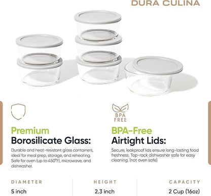12-Piece Glass Food Storage Containers Set (6 Containers + 6 BPA-Free Lids) | 2-Cup, Leakproof | Microwave, Freezer, Oven & Dishwasher Safe | Ideal for Meal Prep & Pantry Organization, Grey