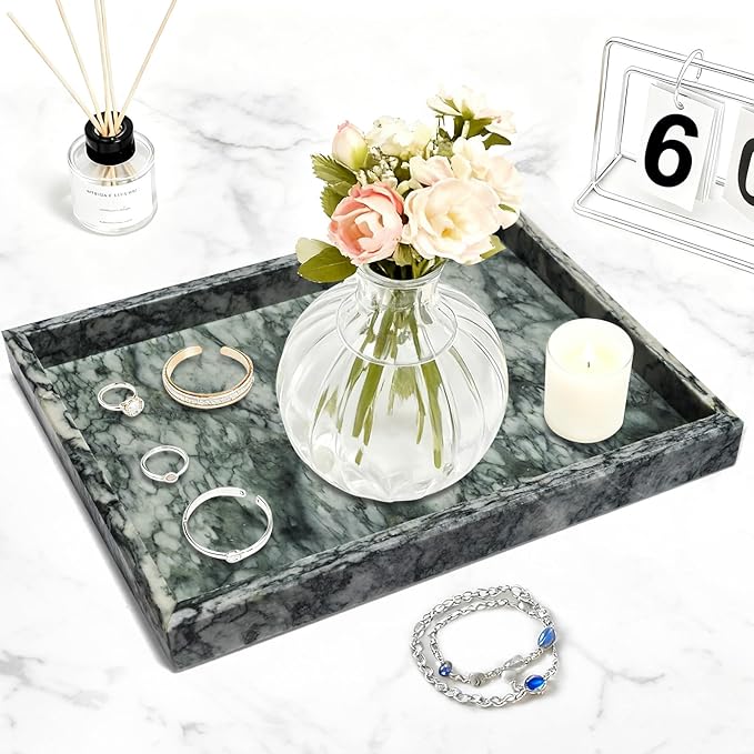 Pure Natural Marble Tray for Bathroom, Dresser, Sink. Cosmetics, toiletries, perfumes, Jewelry, Candles, etc. can be Placed (Lotus Green, 12" x 8" x 1.2")