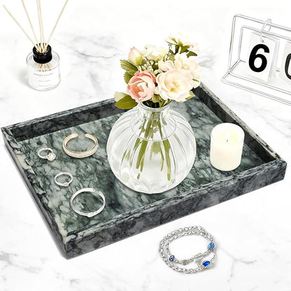 Pure Natural Marble Tray for Bathroom, Dresser, Sink. Cosmetics, toiletries, perfumes, Jewelry, Candles, etc. can be Placed (Lotus Green, 12" x 8" x 1.2")