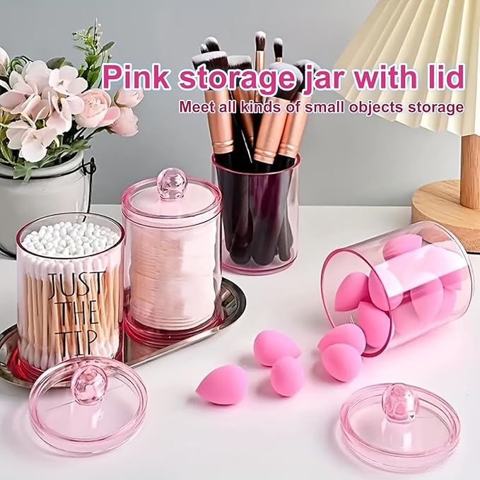 ANIS·KEAAR 2 Pack Restroom Bathroom Organizers and Storage Containers, Pink Plastic Jars with Lids for Cotton Swabs/Balls/Pads/Floss Picks (Vanity/Bedroom Use)