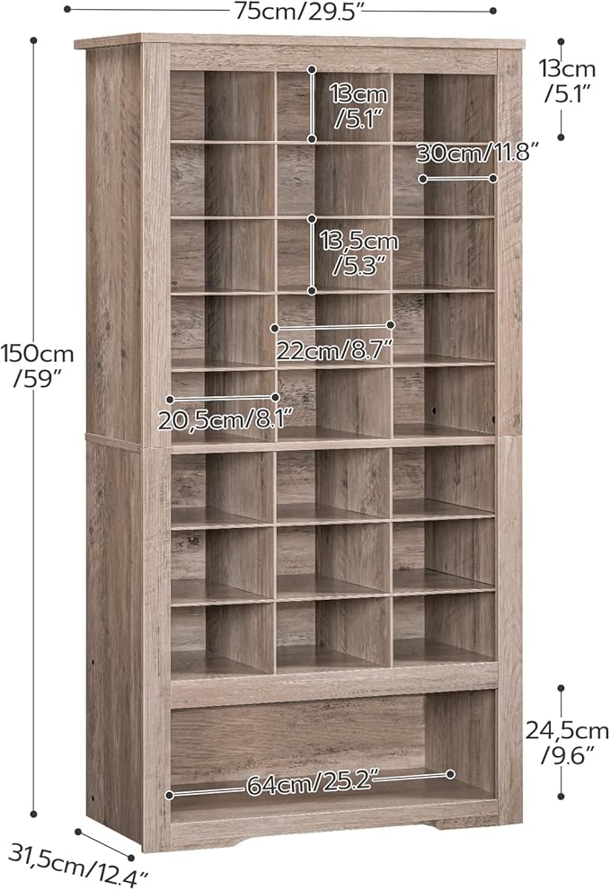 HOOBRO Tall Shoe Cabinet, 9 Tier Shoe Storage Cabinet, Freestanding Wooden Shoe Cabinet Organizer with 24 Cubbies and 3 Hooks, for Entryway, Closet, Living Room, Greige BG24SC01