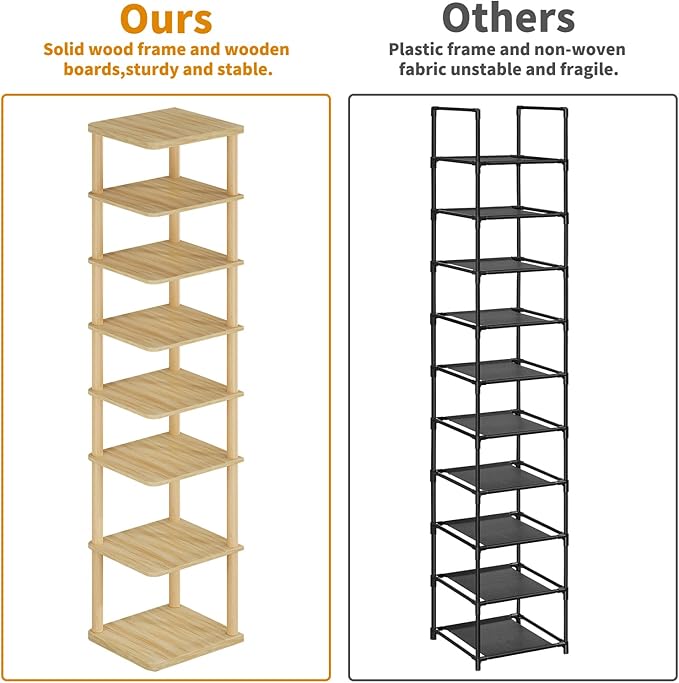LUCKNOCK Vertical Shoe Rack, 8-Tier Tall Narrow Shoe Organizer for Entryway, Closet, Dorm & Small Spaces, Freestanding Wooden Shoe Shelf Tower for Boots, Sneakers, Heels. (Natural)
