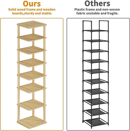 LUCKNOCK Vertical Shoe Rack, 8-Tier Tall Narrow Shoe Organizer for Entryway, Closet, Dorm & Small Spaces, Freestanding Wooden Shoe Shelf Tower for Boots, Sneakers, Heels. (Natural)
