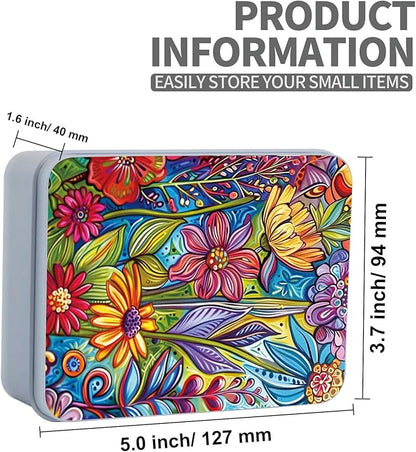 Metal Tin Box Sturdy Metal Storage Box with Lid, Large Container Holder for TCG Cards,Car Keys,Cookies,Tin Containers for Gift,5.0x3.7x1.6 Inch,Exquisite Pattern Design(Colorful Flowers)