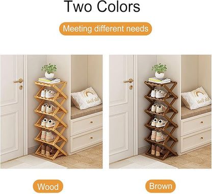 Narrow Shoe Rack - Shoe Storage Organiser- Vertical Bamboo Foldable Shoes Shelf for Entryway, Closet, Bedroom, Hallway ([Tawny] 8 Layers)