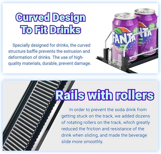 Drink Organizer for Mini Fridge (Fits Depth ≥ 12.2"), 12oz 16oz 20oz Soda Can Dispenser, Width Adjustable Automatic Pusher Glide, 12.2" D 4ROW Holds 16 Cans, White