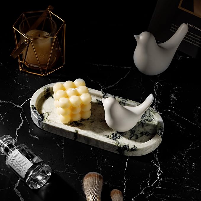 Natural Marble Vanity Tray Luxury Oval Stone Trays for Jewelry Perfume Candle, Calacatta Viola Decorative Dish for Bathroom,Bedroom,Dresser Countertop Storage Organizer for Home Decor (WH059)