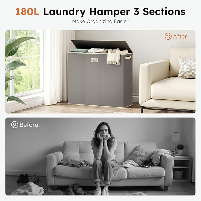 SOLEDI 180L 3-Section Laundry Hamper with Lid, Extra Large Dirty Clothes Basket with Sturdy Handles for Laundry Room & Bedroom - Durable Organizer for Sorting Laundry