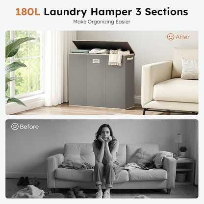 SOLEDI 180L 3-Section Laundry Hamper with Lid, Extra Large Dirty Clothes Basket with Sturdy Handles for Laundry Room & Bedroom - Durable Organizer for Sorting Laundry