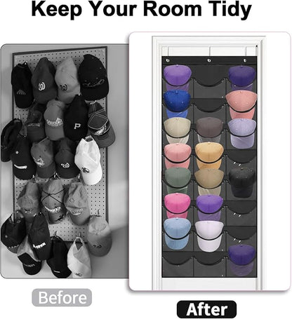 BiCINE Hat Rack for Baseball Caps, 24 Pocket Over the Door Hat Organizer with 3 Hooks, Hat Holder for Door with Large Clear Pockets, Hat Storage to Protect and Display, Black - 1 Pack