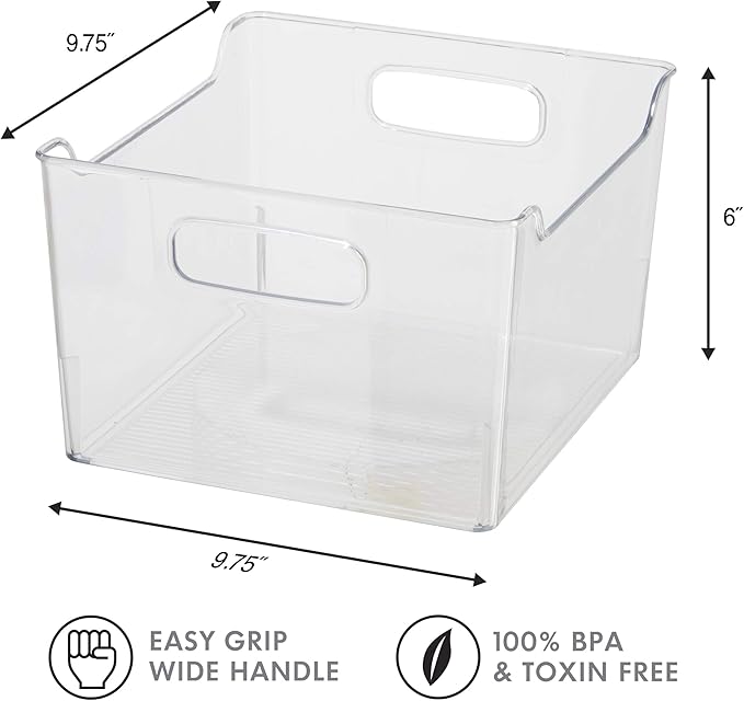 Oggi Storage Bin With Handles - Deep (9.75" x 9" x 6") - Ideal for Kitchen Organization, Pantry Storage, Fridge Organizing, Clear (Pack of 2)