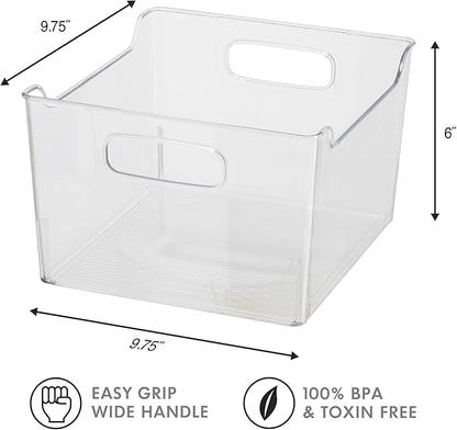 Oggi Storage Bin With Handles - Deep (9.75" x 9" x 6") - Ideal for Kitchen Organization, Pantry Storage, Fridge Organizing, Clear (Pack of 2)