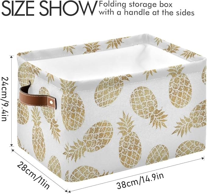 Large Storage Basket Bin Pineapple Pattern Storage Cube Box Foldable Canvas Fabric Collapsible Organizer with Handles for Home Office Closet