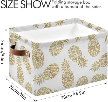 Large Storage Basket Bin Pineapple Pattern Storage Cube Box Foldable Canvas Fabric Collapsible Organizer with Handles for Home Office Closet