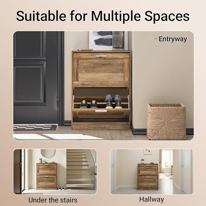 Haotian Shoe Cabinet Storage for Entryway, Narrow Shoe Cabinet with Two Flip Drawers to Save Space, Shoe Rack Cabinet for Front Door Entrance Hallway (Nature)