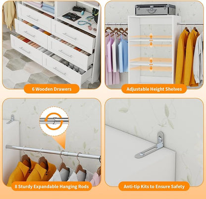 Closet System with 6 Drawers, 6FT-15FT Wooden Closet Organizer System with 8 Expandable Hanging Rods and Shelves, Closet Shelving System for Walk in Closet for Bedroom,Wall Mount, White 2 Sets