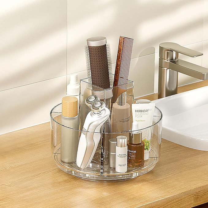 360° Rotating Makeup Organizer Clear Turntable Lazy Susan Organizer for Vanity, Bathroom Counter, Spinning Cosmetic Display Case with 5 Compartment Holder for Skin Care, Makeup Brushes, Lipsticks