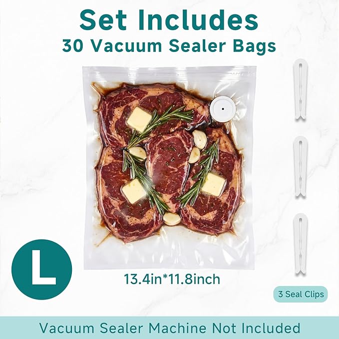 Mehomeli Reusable Vacuum Sealer Bags for Food – 30 BPA-Free Large (11.8 x 13.4in) Food Storage Bags, Freezer Microwave Safe, Odor-Resistant, Leak-Proof – Compatible with Handheld Vacuum Sealers