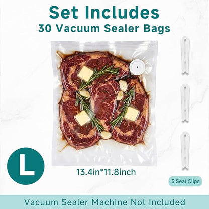Mehomeli Reusable Vacuum Sealer Bags for Food – 30 BPA-Free Large (11.8 x 13.4in) Food Storage Bags, Freezer Microwave Safe, Odor-Resistant, Leak-Proof – Compatible with Handheld Vacuum Sealers
