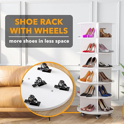 SpaceAid Spinning Shoe Rack with Wheels, 6 Tier Rotating Organizer Shoe Tower Lazy Susan with Thick Bottom, 360 Display Revolving Storage Shelf, Round Circular Rotate Organization, White