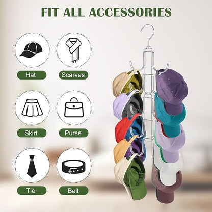 Hat Organizer for Closet, Rotatable Metal Caps Rack with 10 Large Hooks for Display, Holds Up to 40 Baseball Caps, Collapsible Hat Hanger for Closet, Dorm Room Organizers and Storage, White