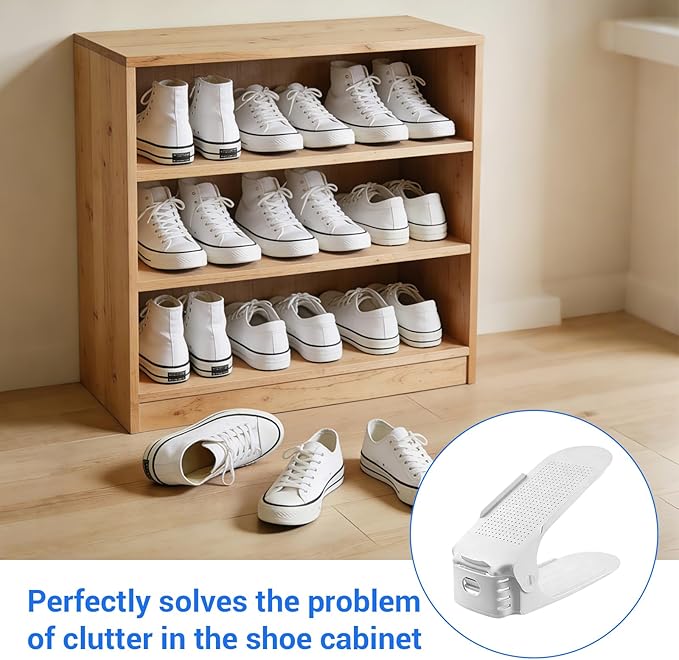 15-Pack Shoe Slots Organizer, 4 Levels Adjustable Shoe Support Rack Storage Stacker Effective Space Saver Half for Closet Storage Organization, White
