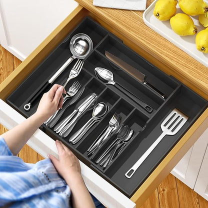 NIUBEE Expandable Kitchen Drawer Organizer for Flatware and Utensils,Black Acrylic Adjustable Silverware Tray for Drawer,Office,Bathroom Supplies-9 Compartments