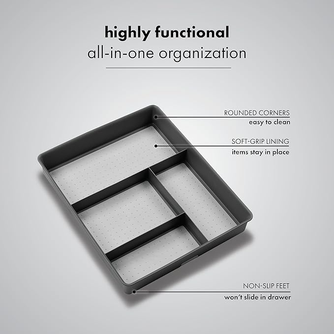 madesmart 4 Compartment Drawer Organizer, Multi Purpose Storage for Utensils, Office Tools, Cords, & Small Household Items, Tech Accessories, Arts & Crafts Supplies, Non Slip Lining, Granite